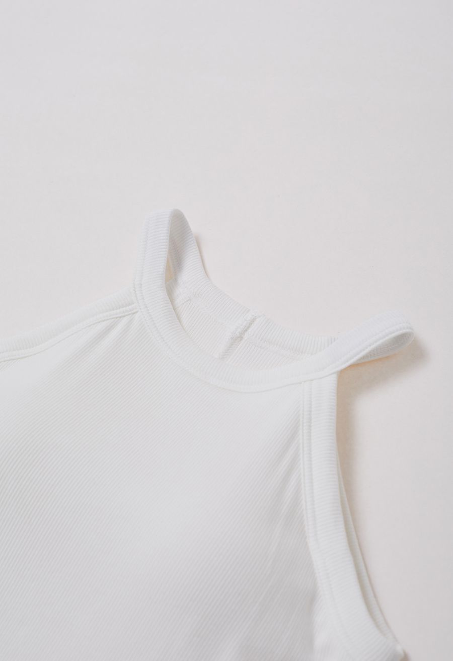 Ribbed Texture Halter Neck Crop Top in White