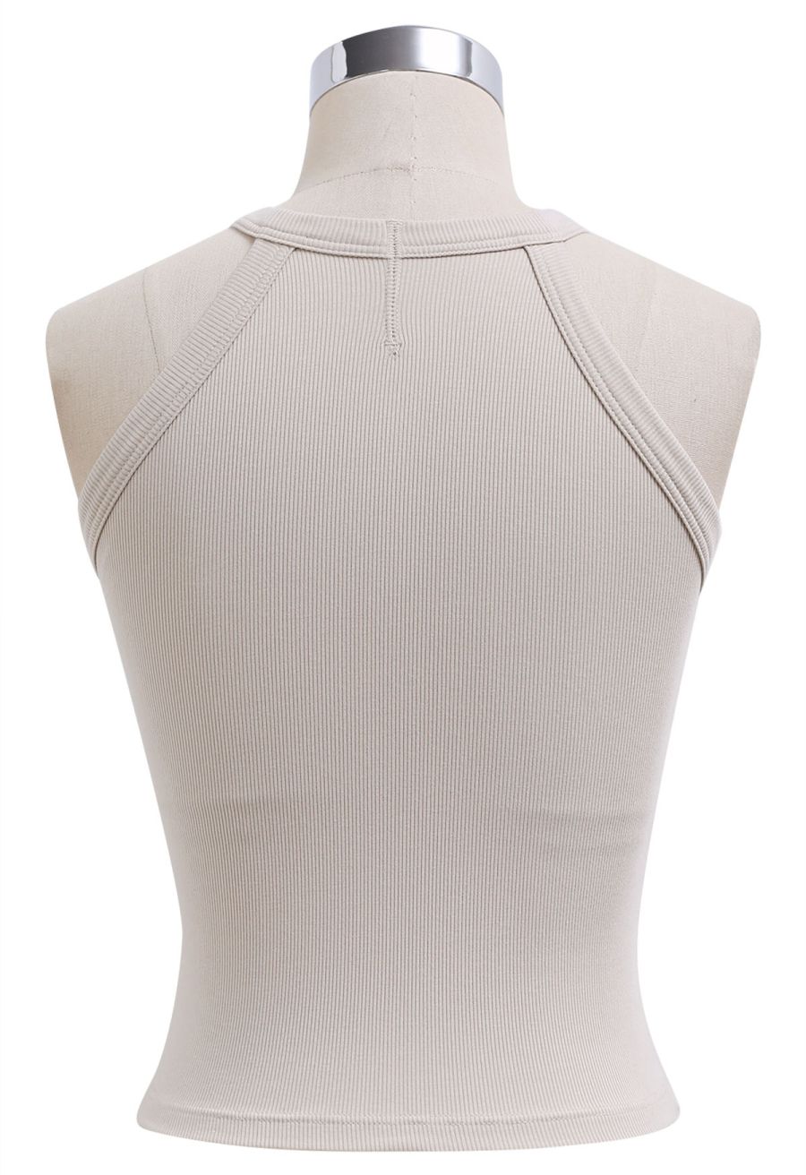 Ribbed Texture Halter Neck Crop Top in Oatmeal