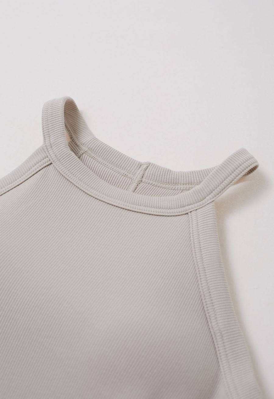 Ribbed Texture Halter Neck Crop Top in Oatmeal