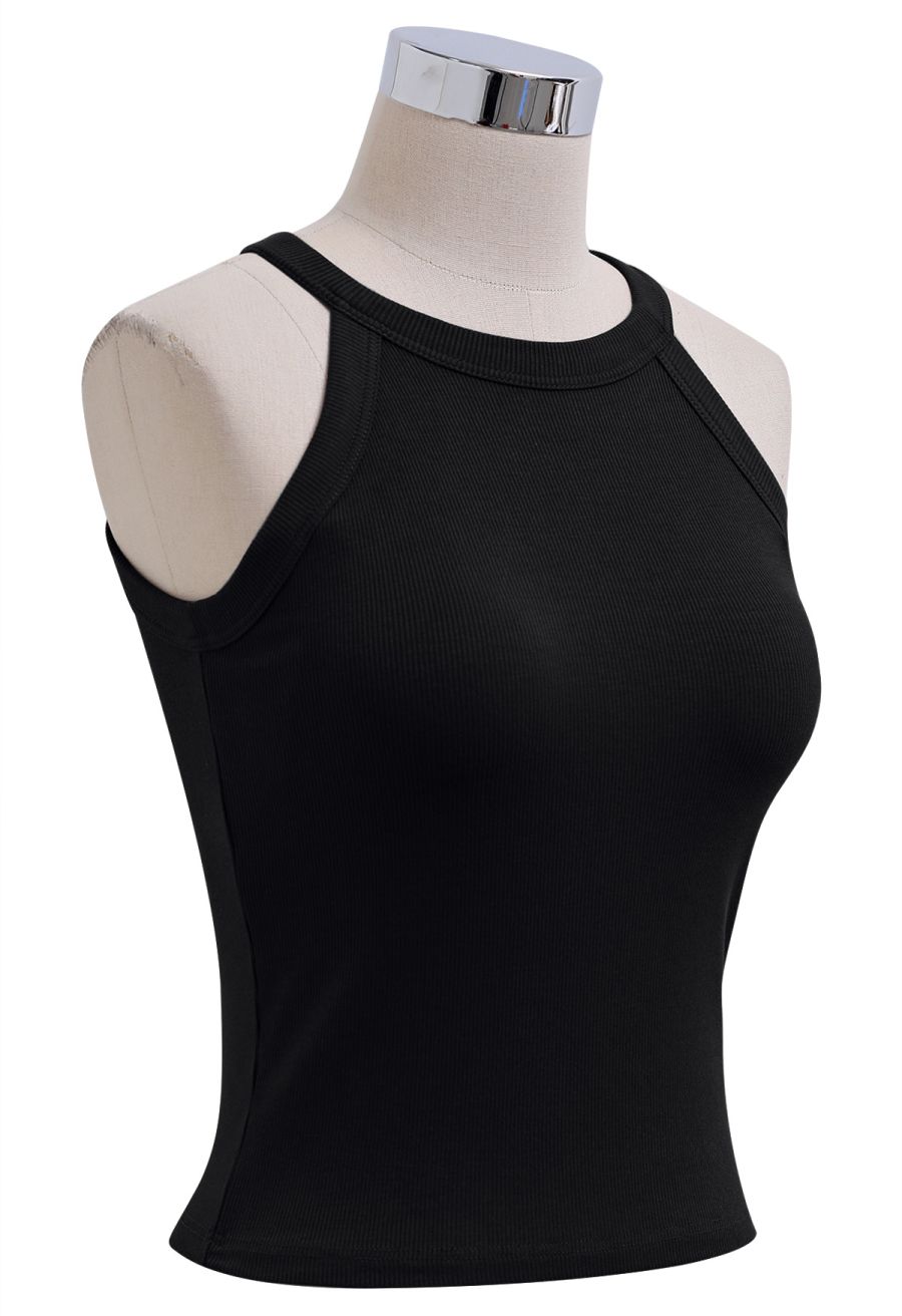 Ribbed Texture Halter Neck Crop Top in Black