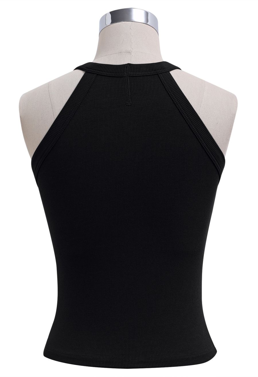 Ribbed Texture Halter Neck Crop Top in Black