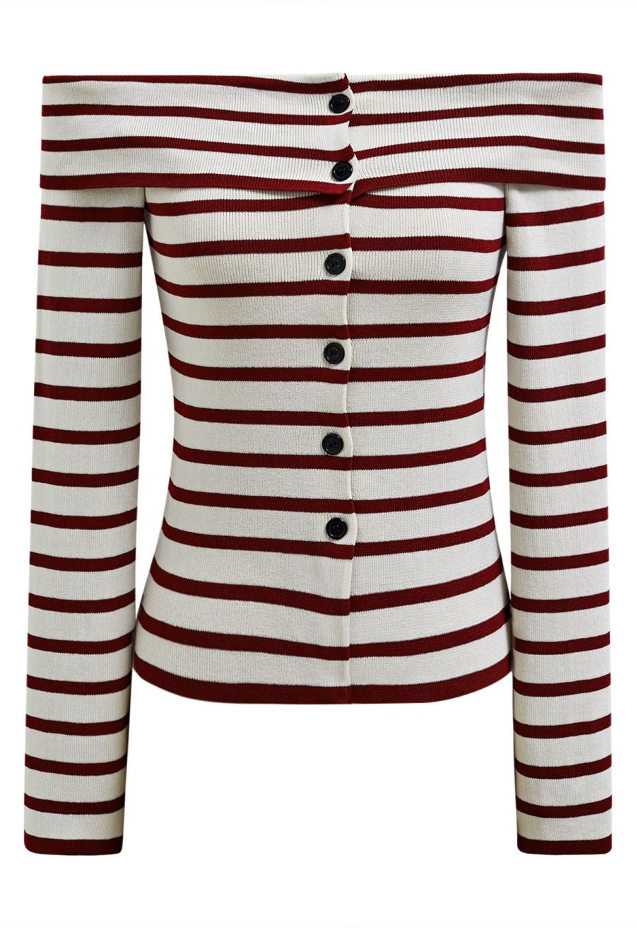 Off-Shoulder Button Down Striped Knit Top in Red