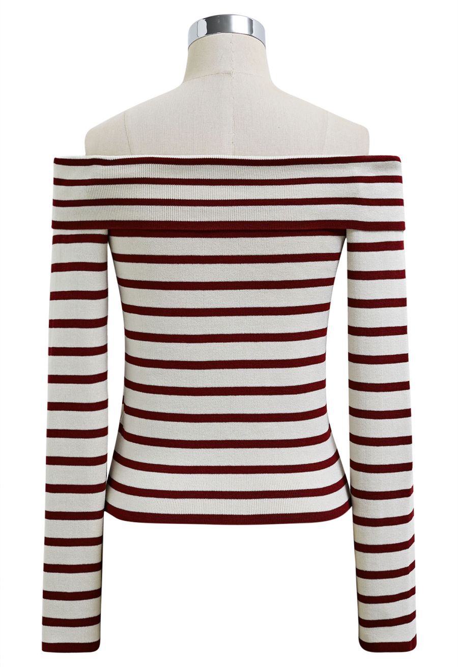 Off-Shoulder Button Down Striped Knit Top in Red