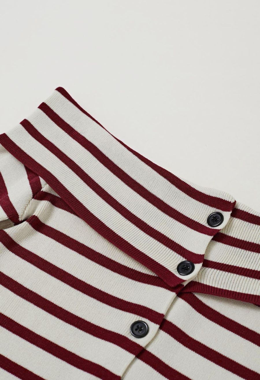 Off-Shoulder Button Down Striped Knit Top in Red