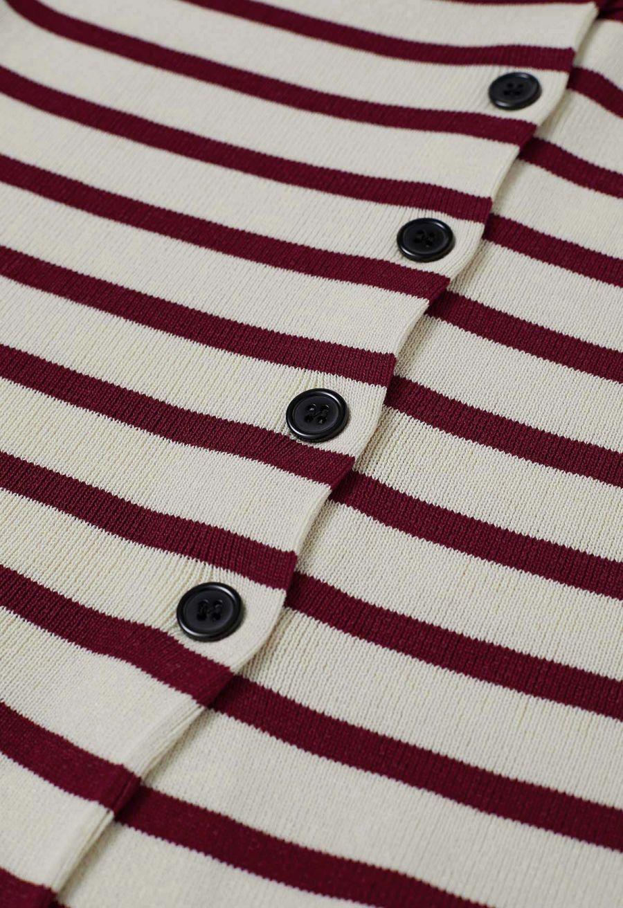 Off-Shoulder Button Down Striped Knit Top in Red