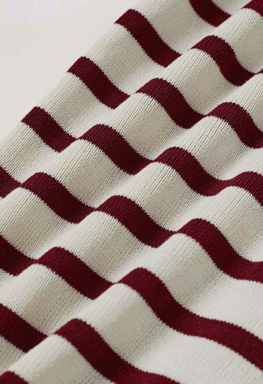 Off-Shoulder Button Down Striped Knit Top in Red