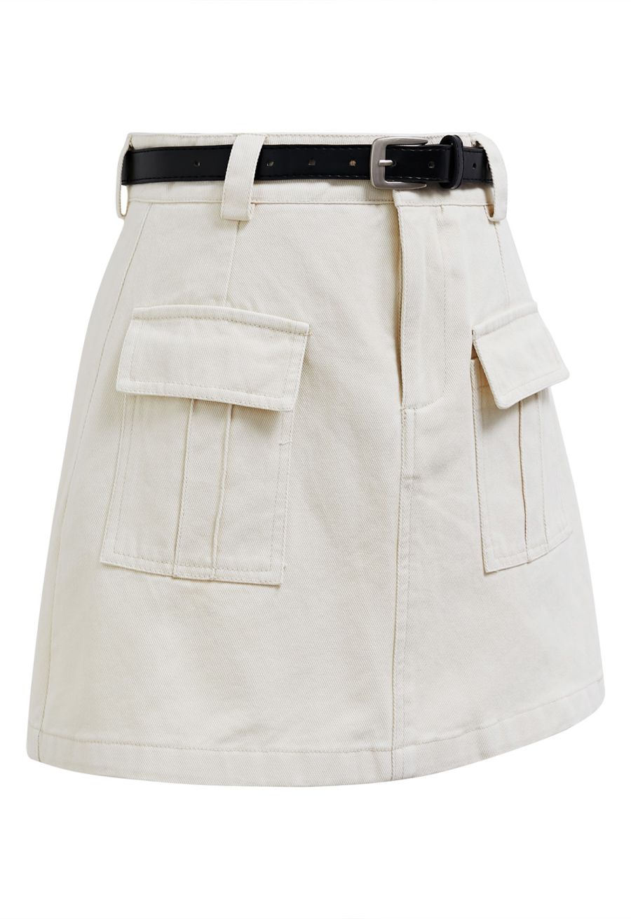 Flap Pocket Denim Mini Skirt with Belt in Ivory