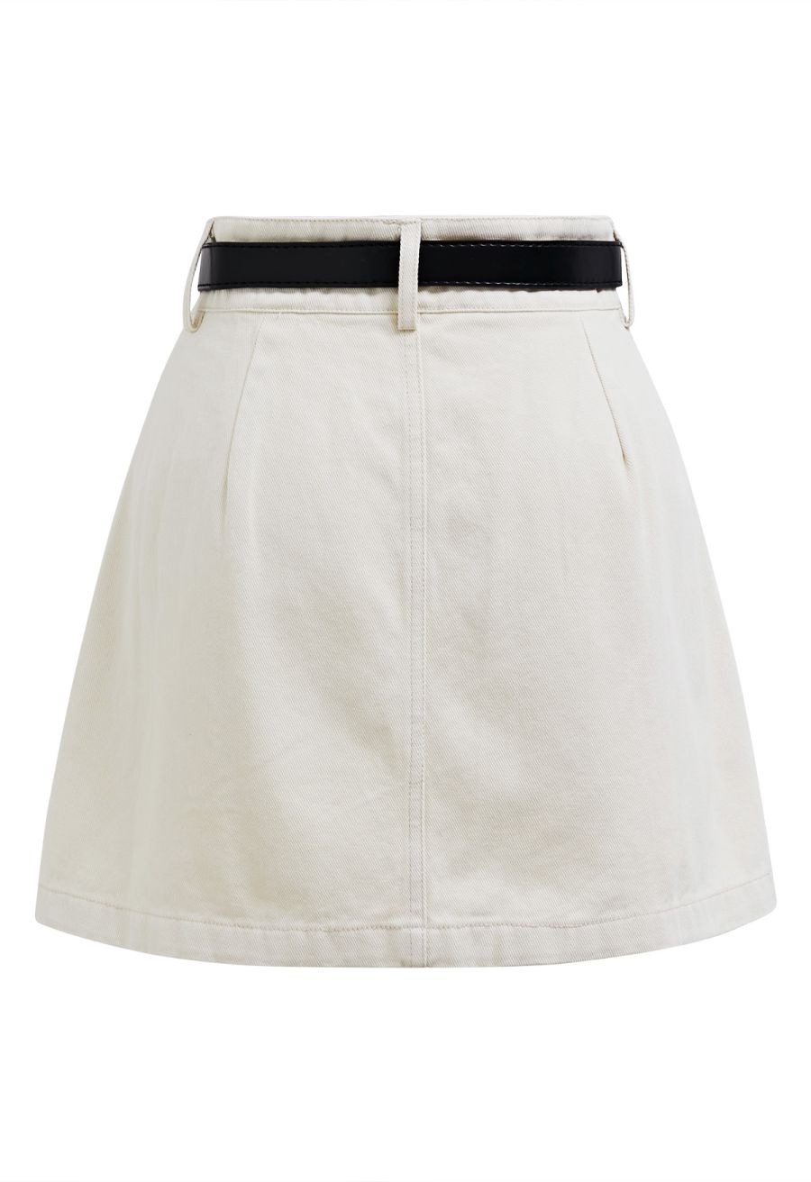 Flap Pocket Denim Mini Skirt with Belt in Ivory