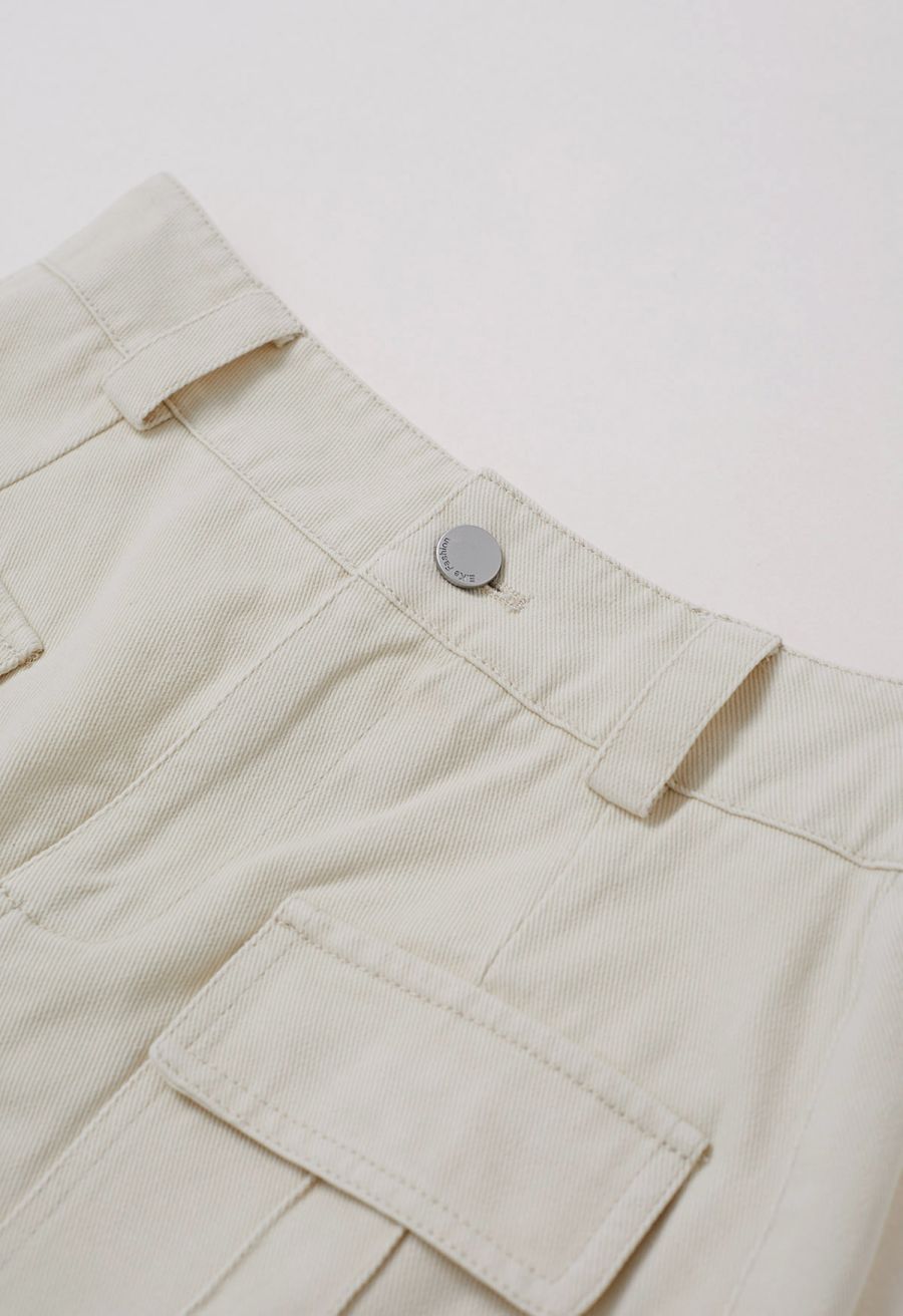 Flap Pocket Denim Mini Skirt with Belt in Ivory
