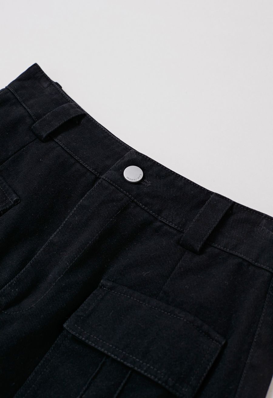 Flap Pocket Denim Mini Skirt with Belt in Black