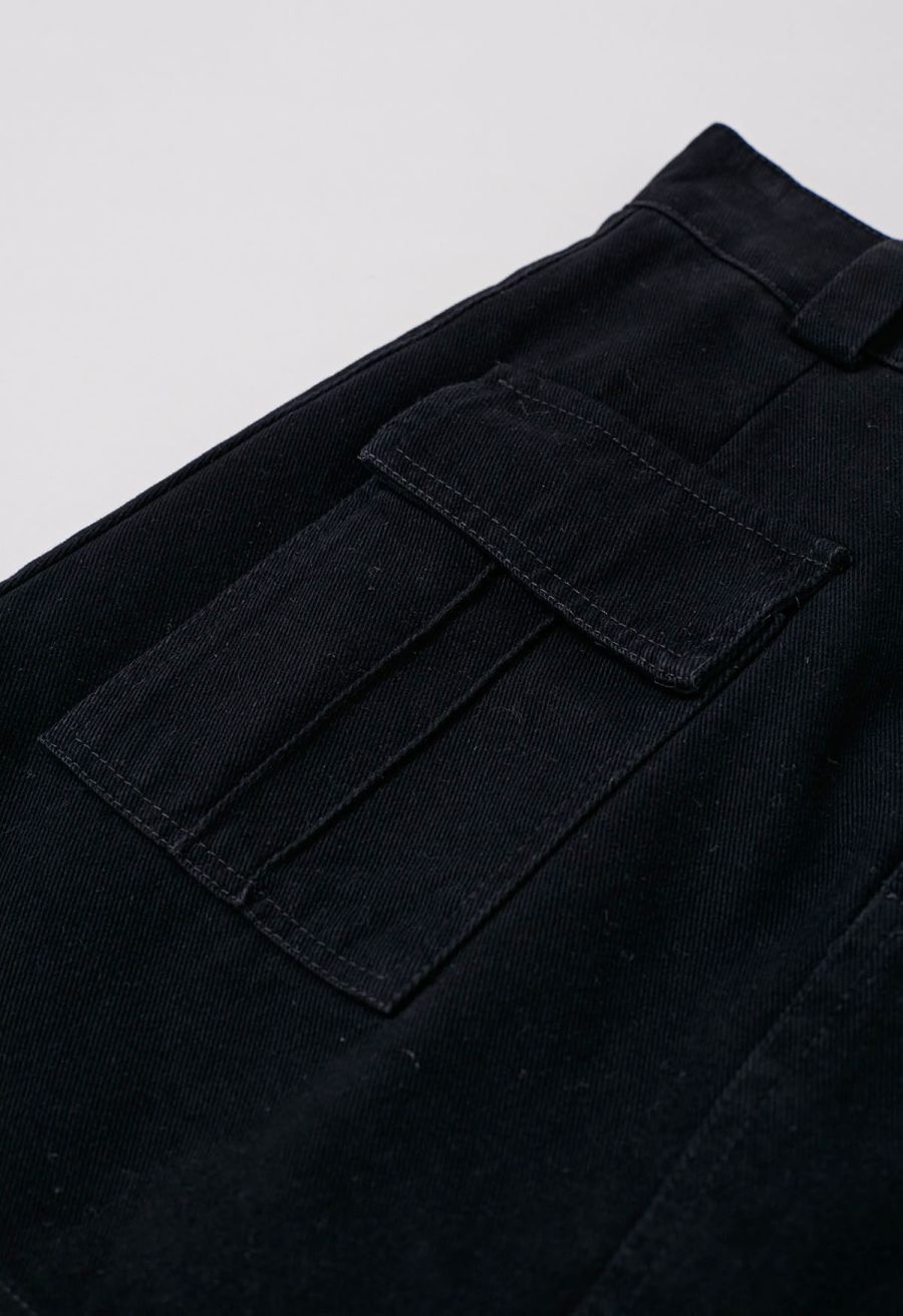 Flap Pocket Denim Mini Skirt with Belt in Black