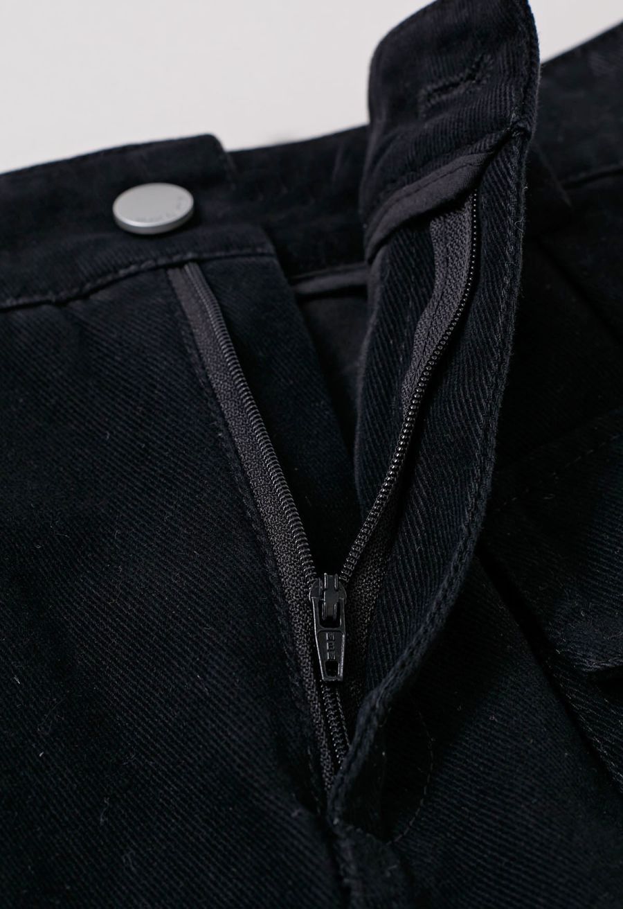 Flap Pocket Denim Mini Skirt with Belt in Black