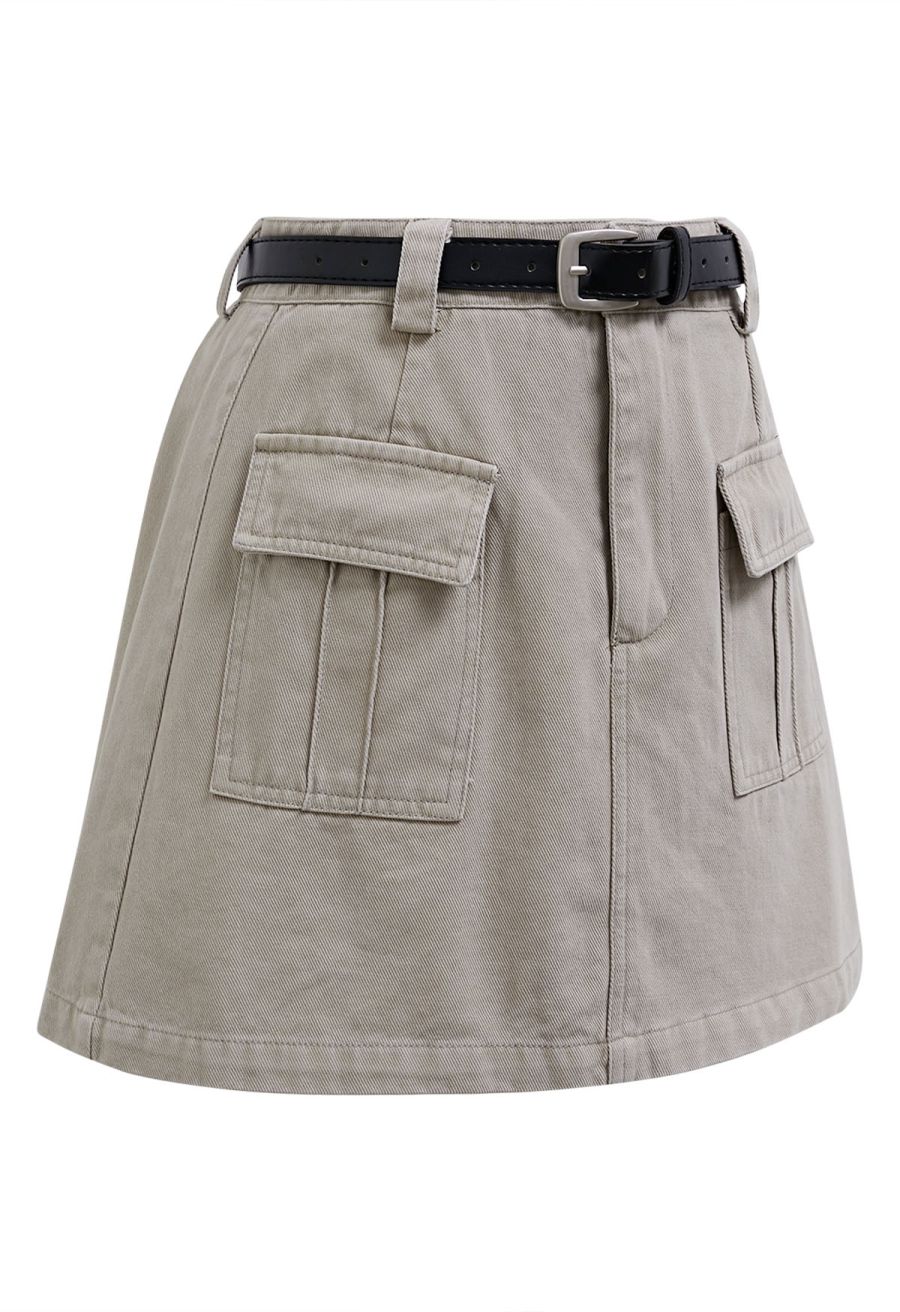 Flap Pocket Denim Mini Skirt with Belt in Linen