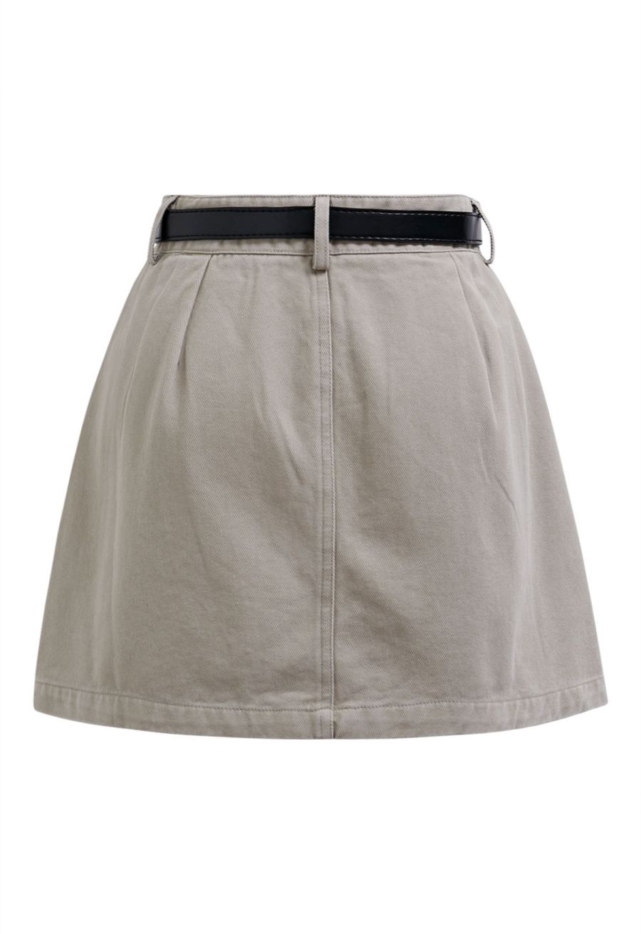 Flap Pocket Denim Mini Skirt with Belt in Linen