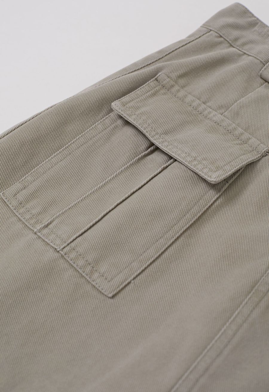 Flap Pocket Denim Mini Skirt with Belt in Linen