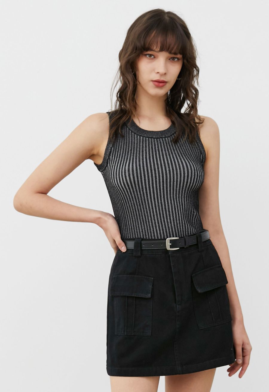 Flap Pocket Denim Mini Skirt with Belt in Black