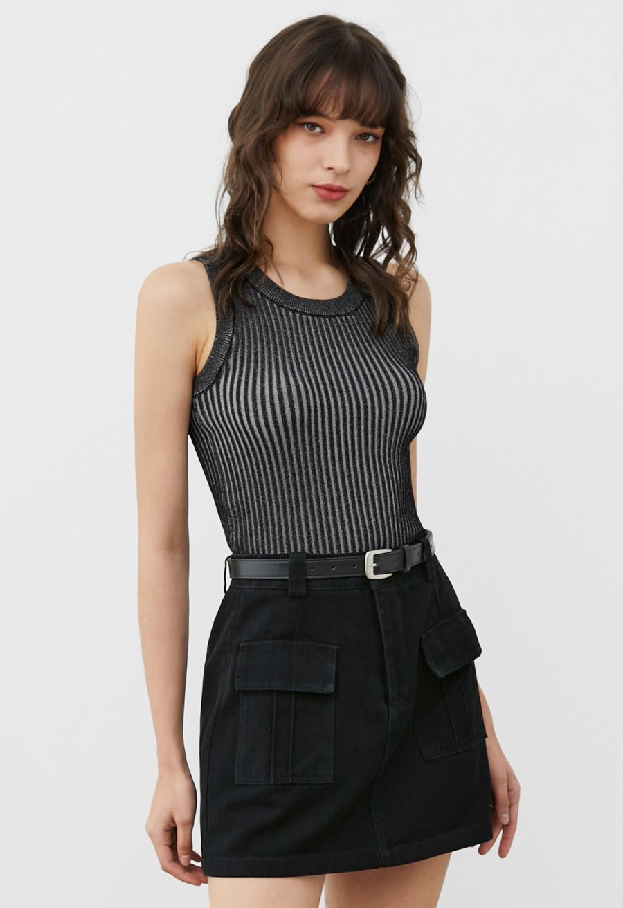 Flap Pocket Denim Mini Skirt with Belt in Black