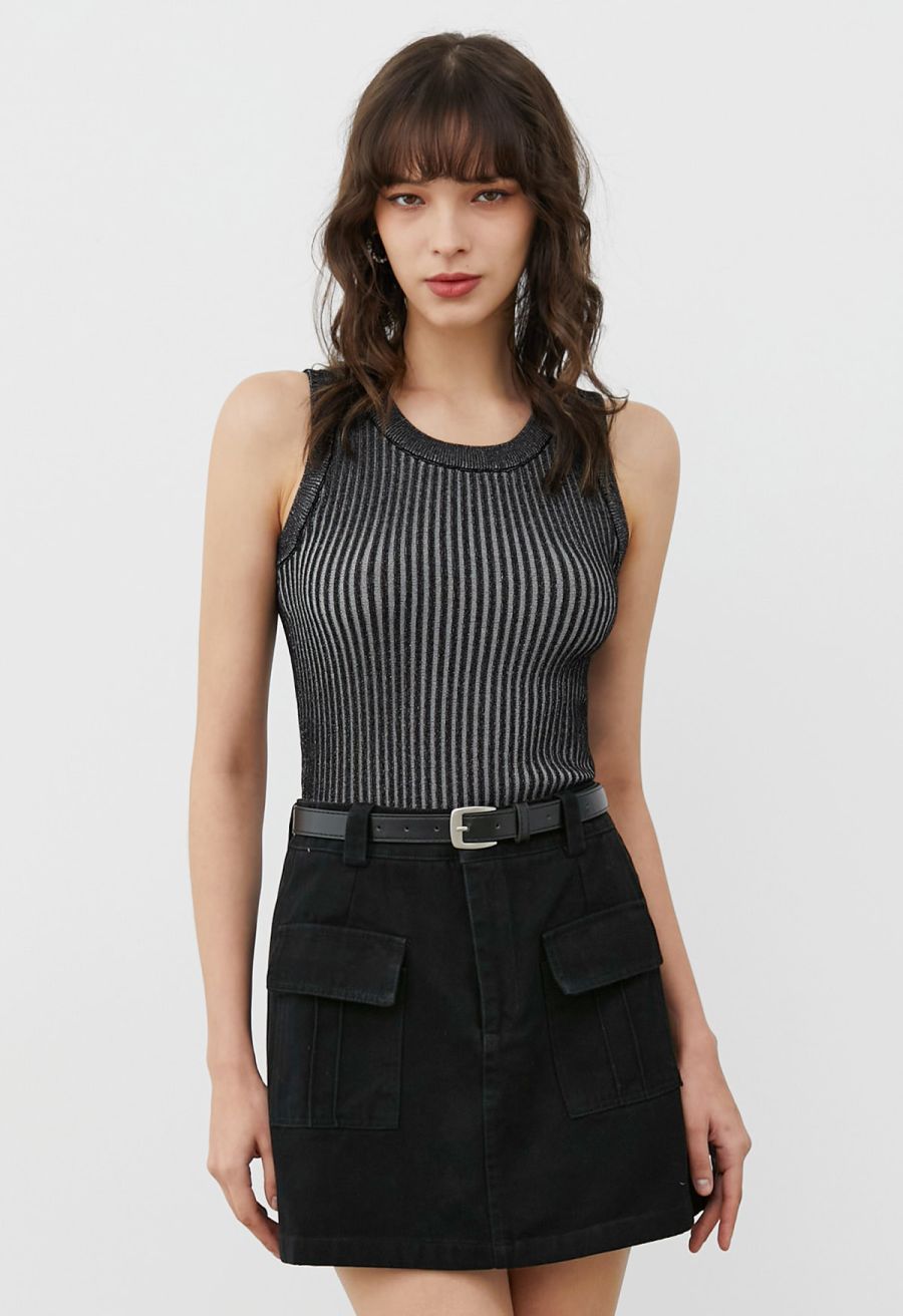 Flap Pocket Denim Mini Skirt with Belt in Black