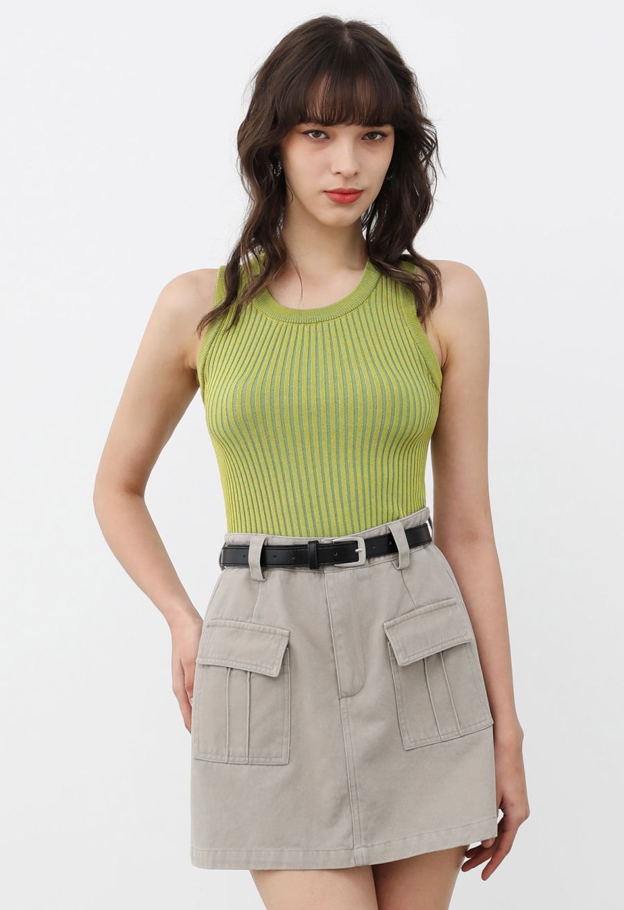 Flap Pocket Denim Mini Skirt with Belt in Linen
