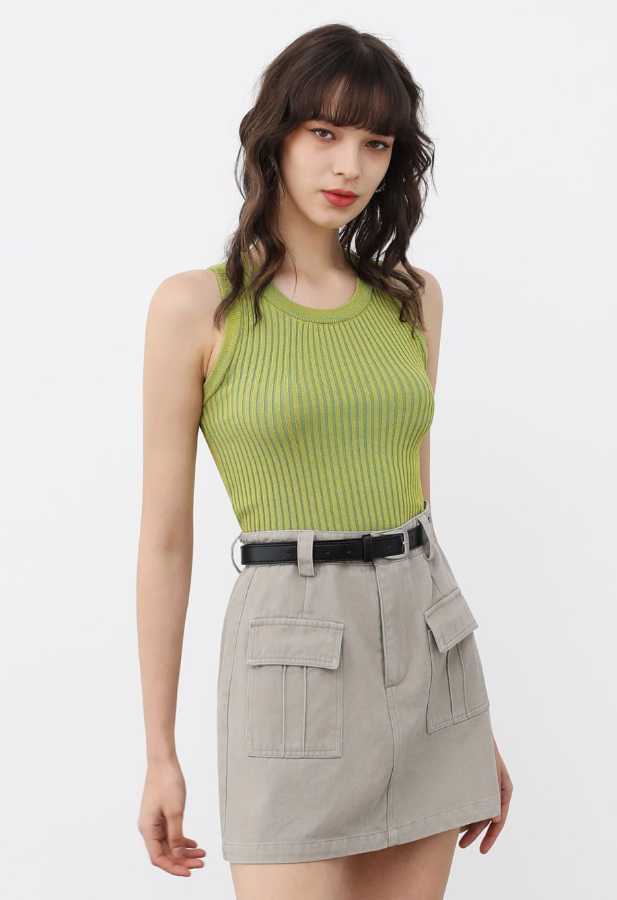Flap Pocket Denim Mini Skirt with Belt in Linen