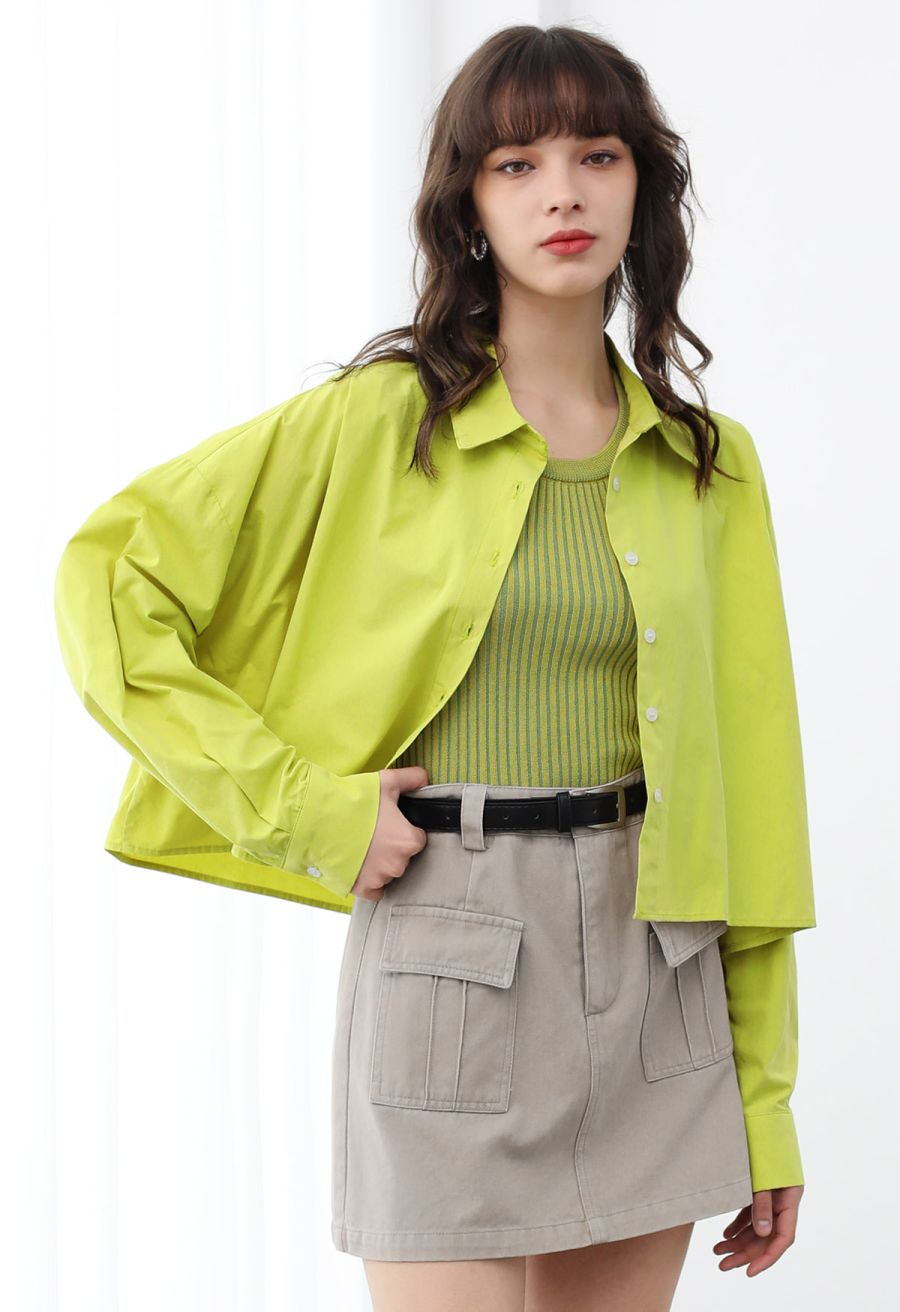 Chic Button Down Crop Shirt in Lime