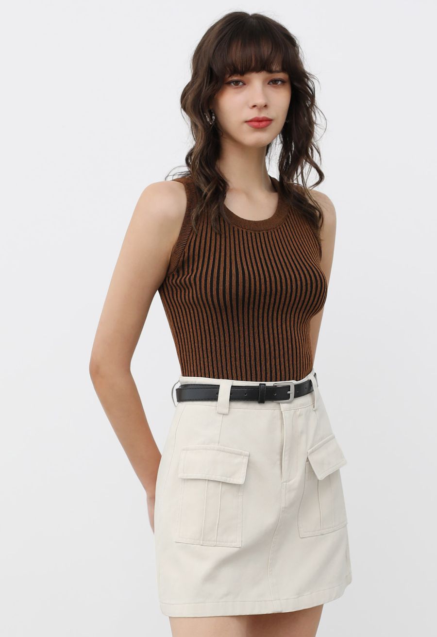 Flap Pocket Denim Mini Skirt with Belt in Ivory