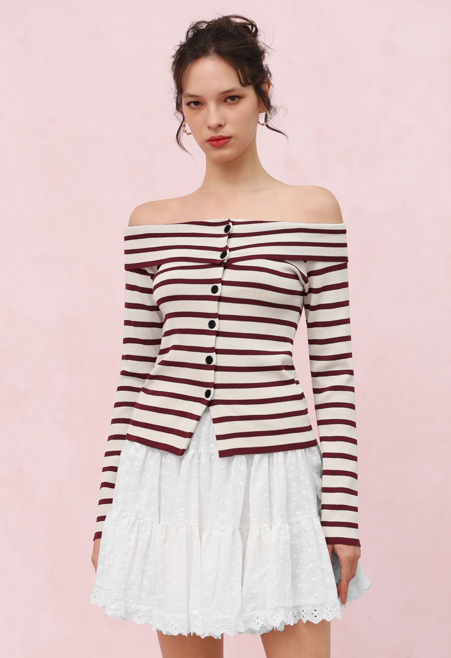 Off-Shoulder Button Down Striped Knit Top in Red