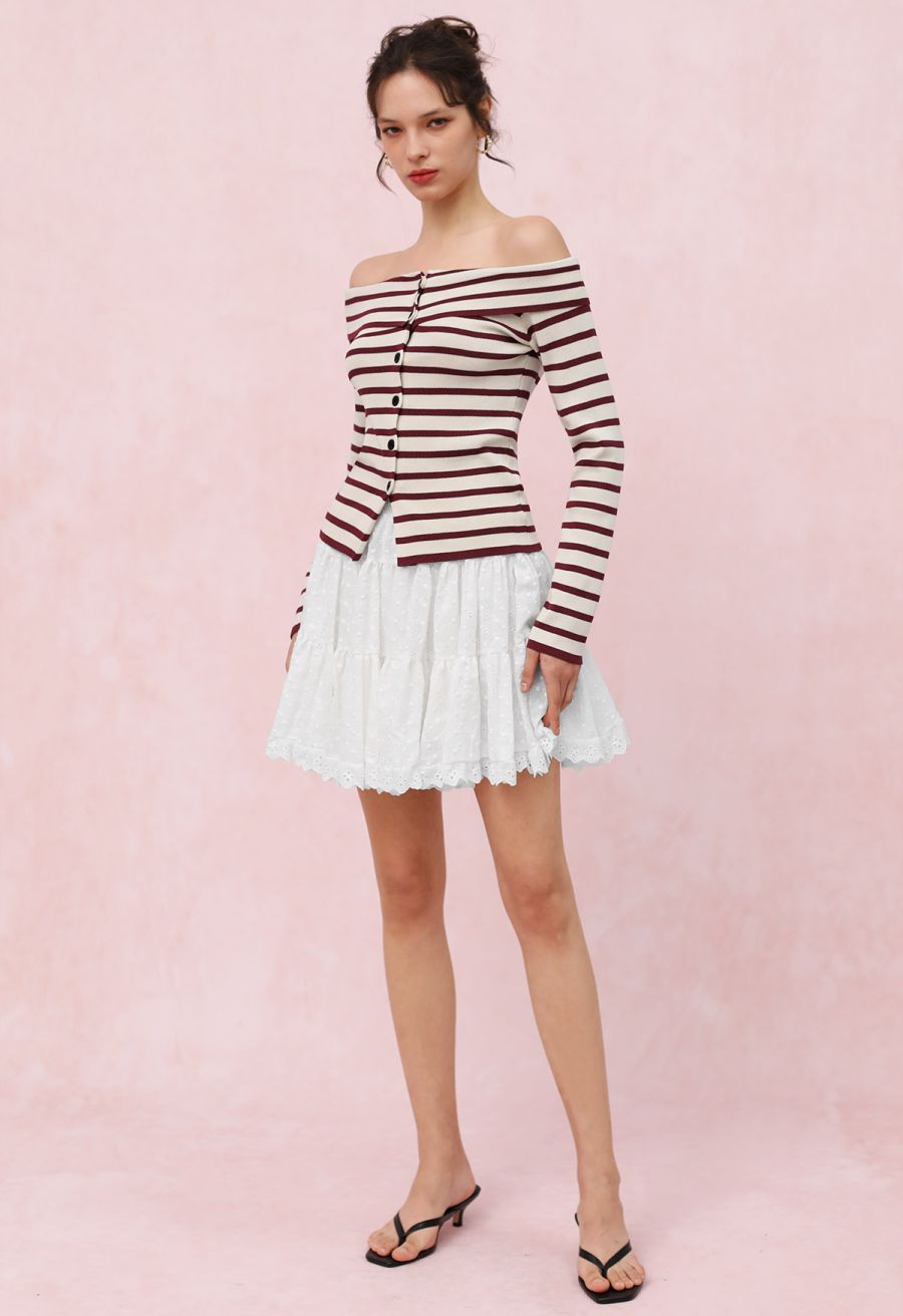 Off-Shoulder Button Down Striped Knit Top in Red