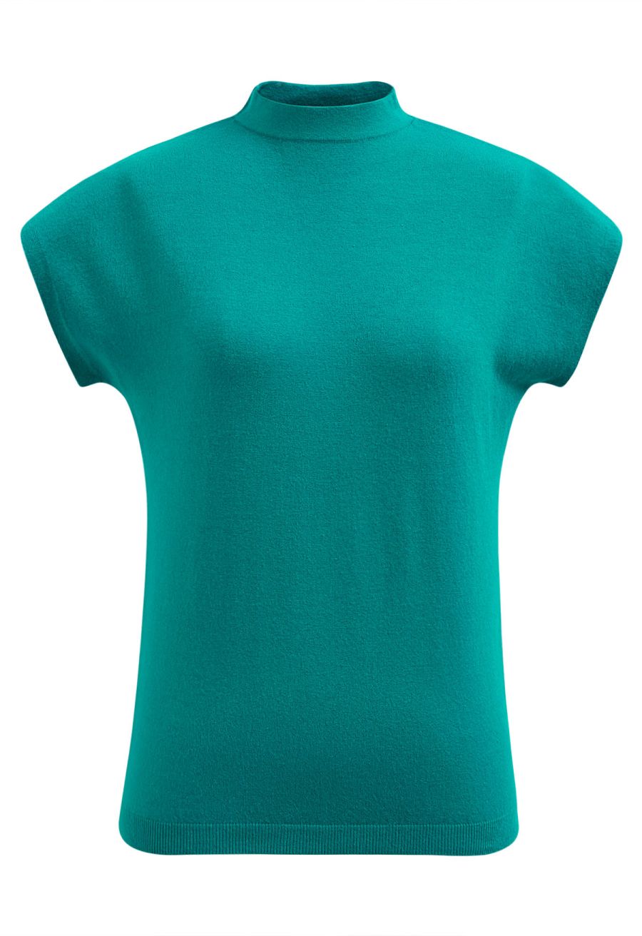 Solid Color Cap Sleeves Knit Top in Turquoise