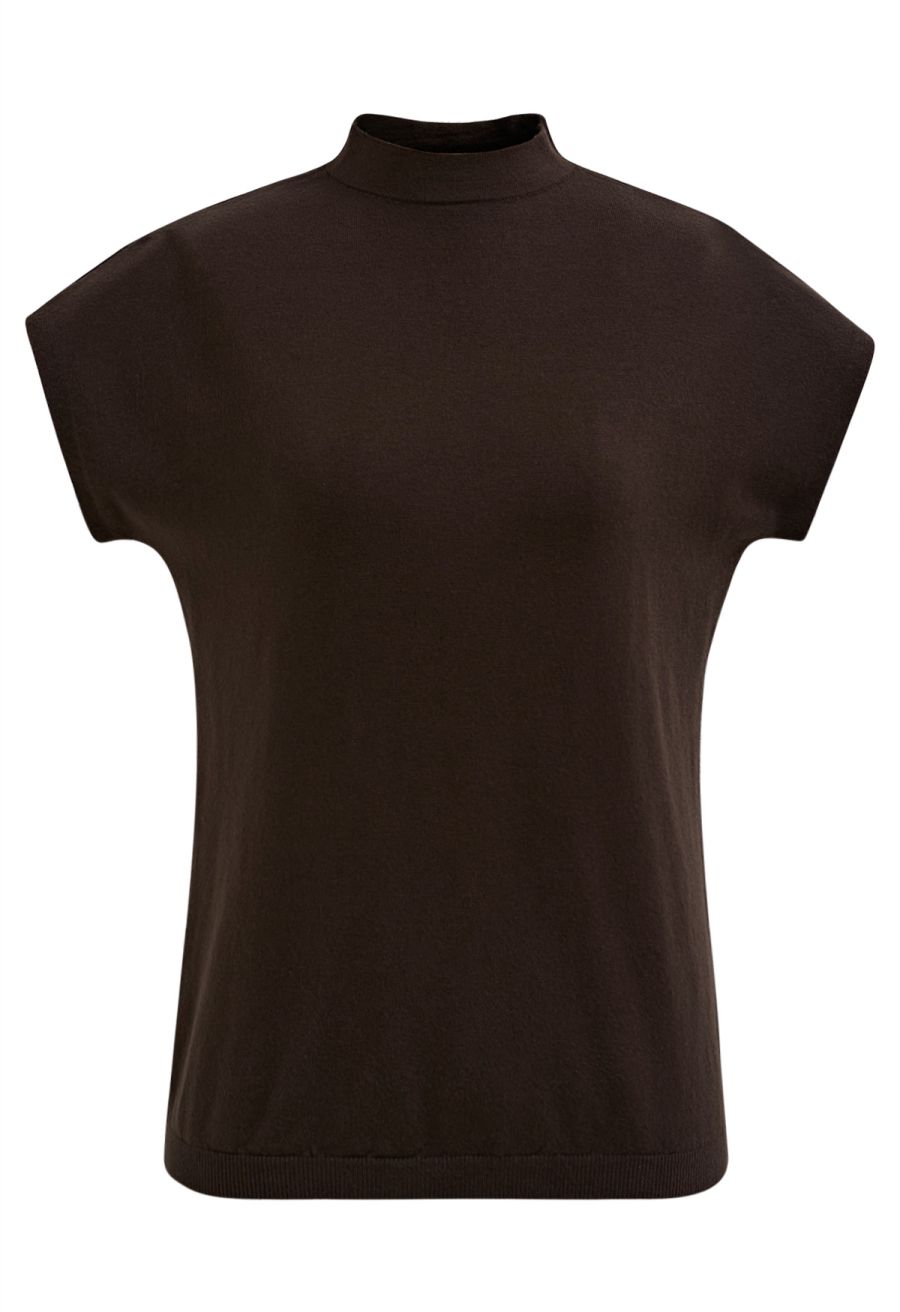 Solid Color Cap Sleeves Knit Top in Brown