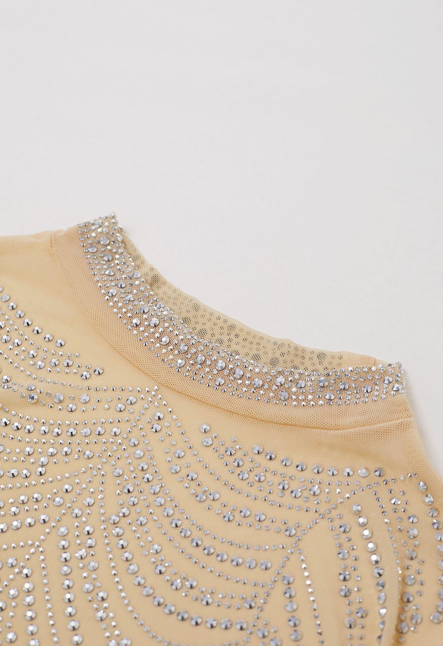 Rhinestone Embellished Soft Mesh Crop Top in Nude