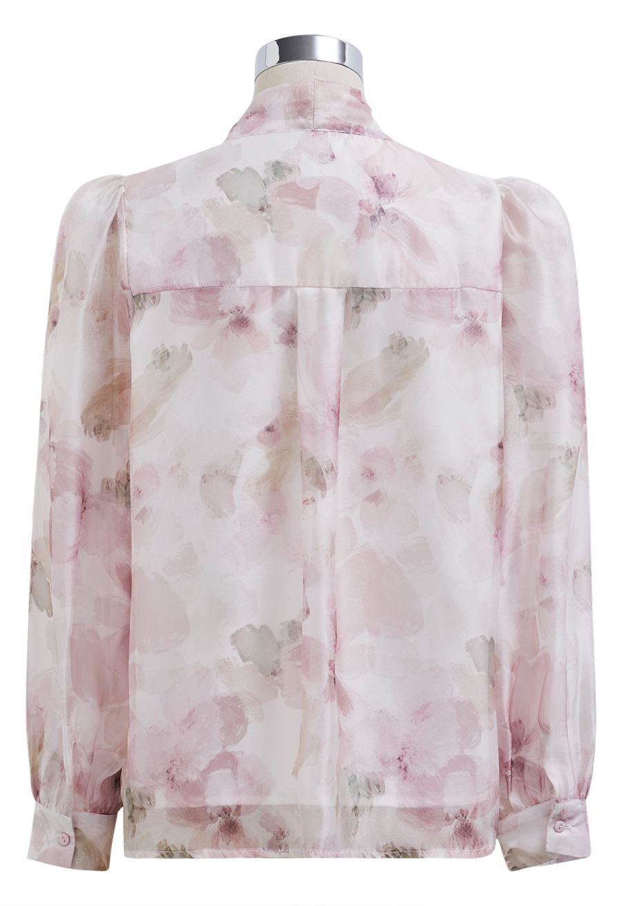 Bowknot Neck Watercolor Floral Sheer Shirt in Pink