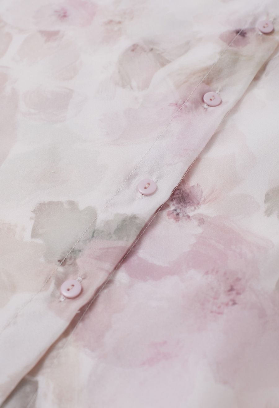 Bowknot Neck Watercolor Floral Sheer Shirt in Pink