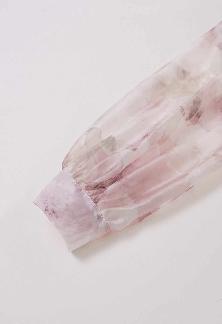 Bowknot Neck Watercolor Floral Sheer Shirt in Pink