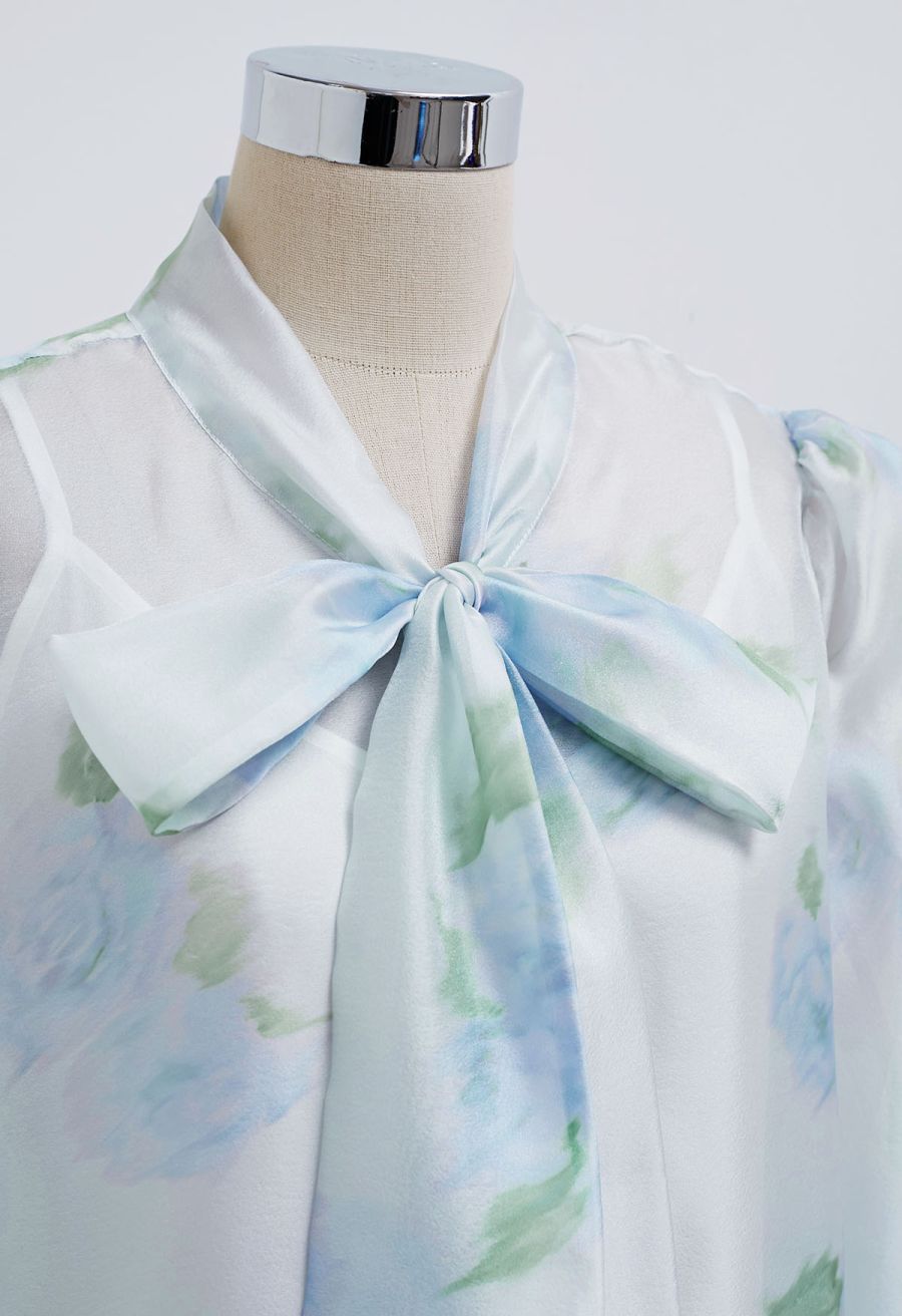 Enthralling Watercolor Floral Bowknot Sheer Shirt in Blue