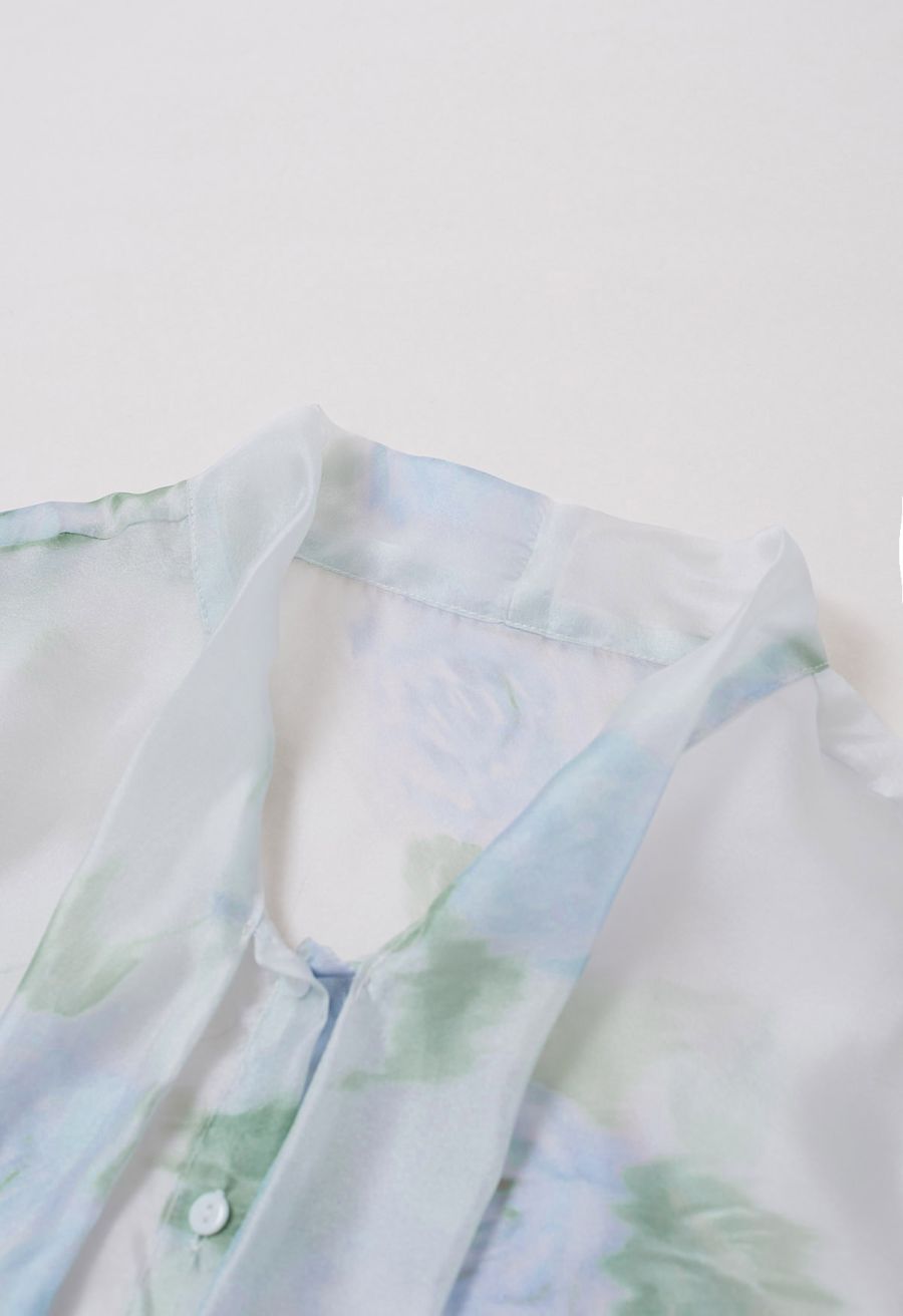 Enthralling Watercolor Floral Bowknot Sheer Shirt in Blue