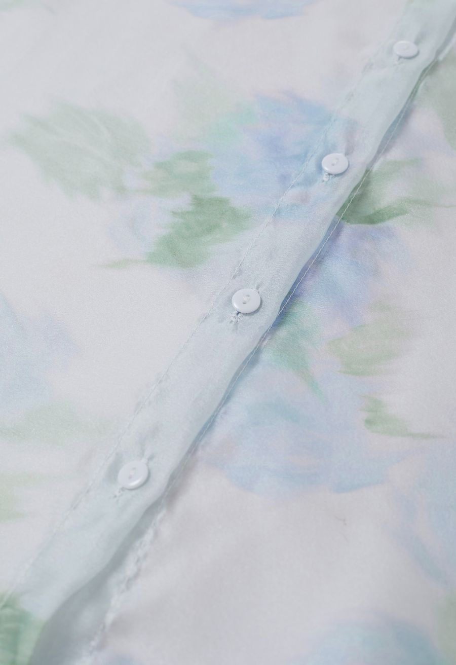 Enthralling Watercolor Floral Bowknot Sheer Shirt in Blue