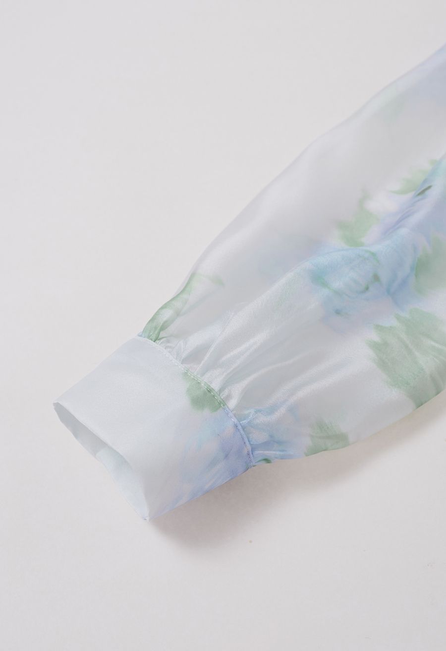 Enthralling Watercolor Floral Bowknot Sheer Shirt in Blue