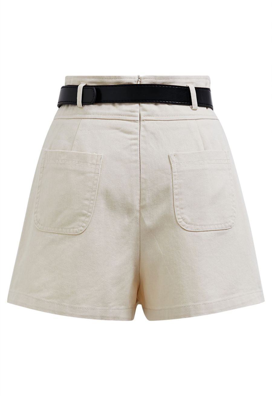 Fake Flap Pockets Belted Denim Skorts in Ivory