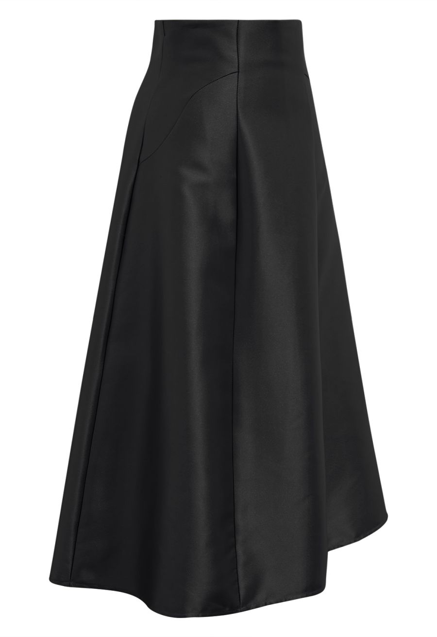 Glossy A-Line Midi Skirt in Black