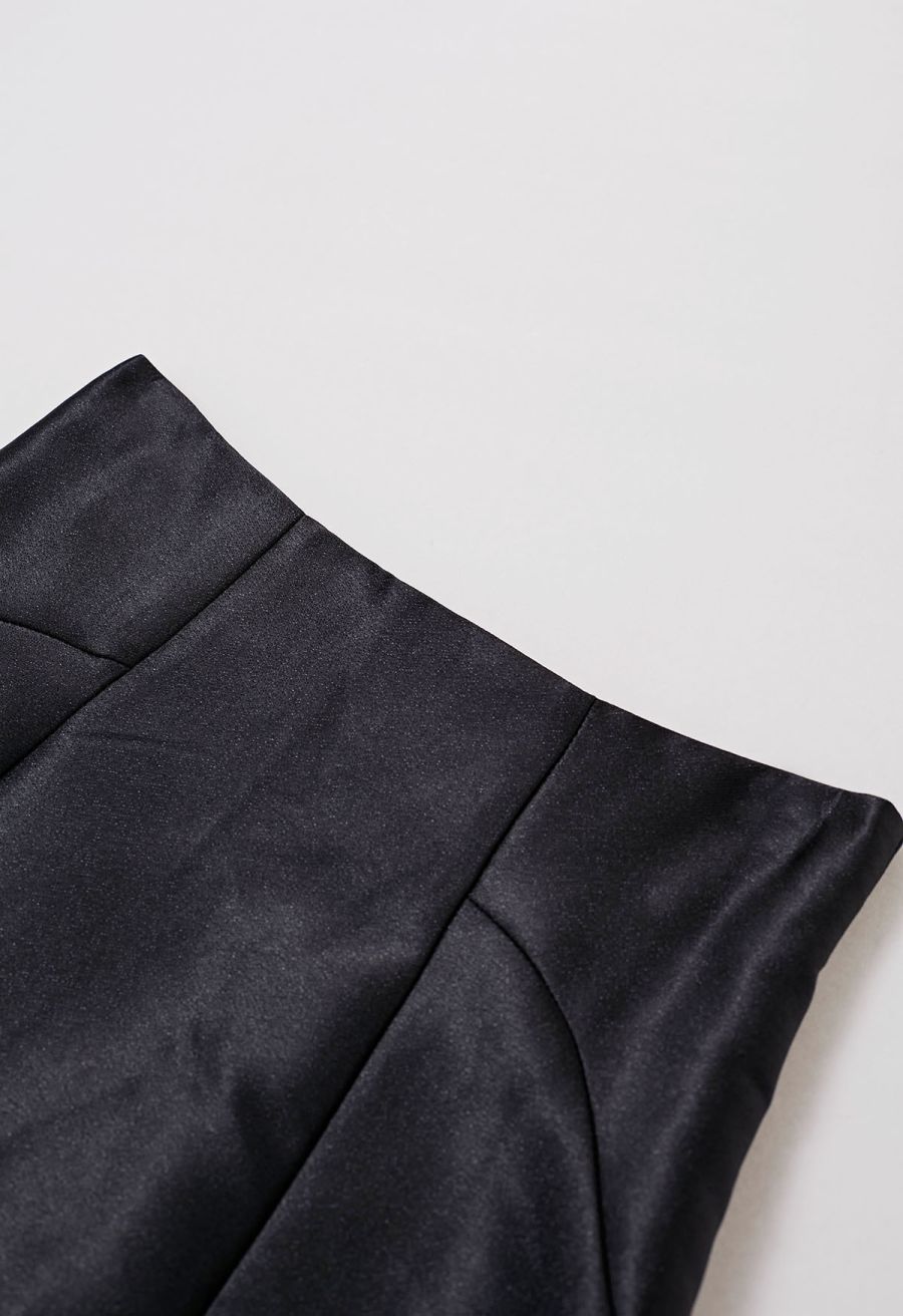 Glossy A-Line Midi Skirt in Black