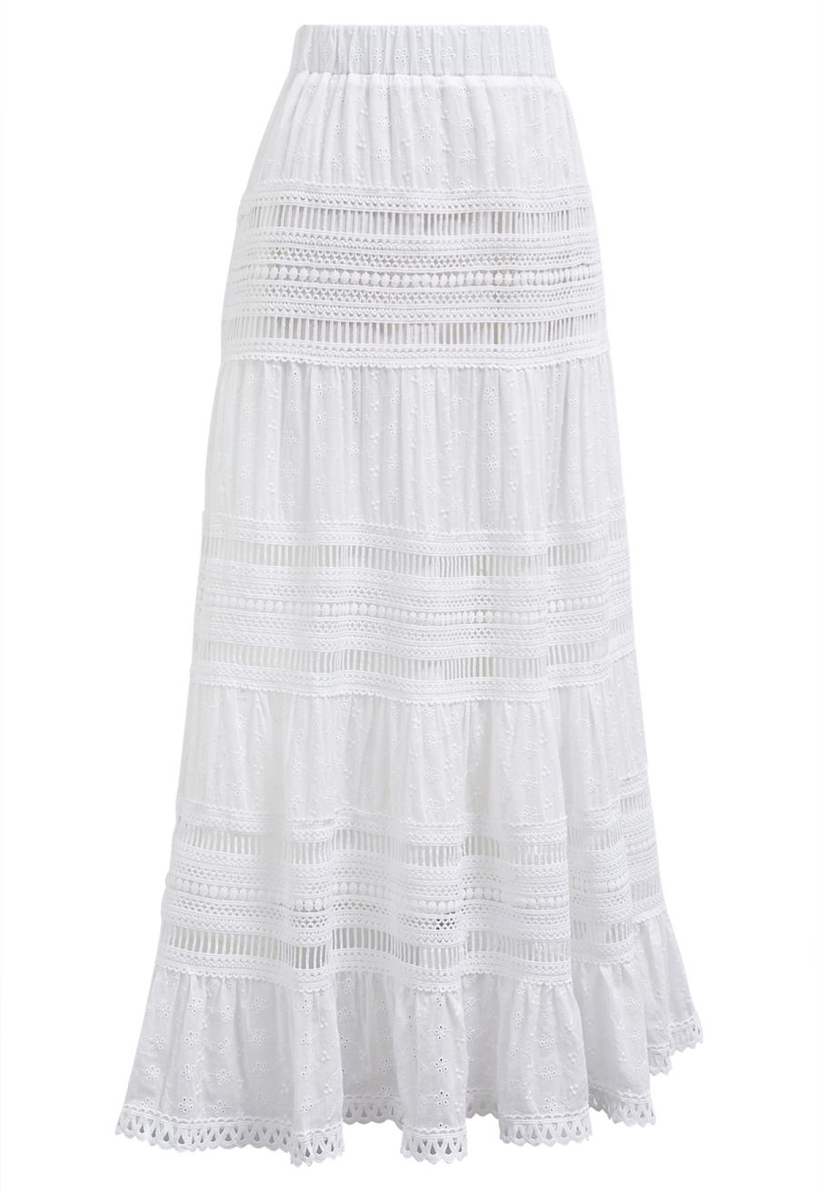 Eyelet Embroidery Cutwork Trim Maxi Skirt