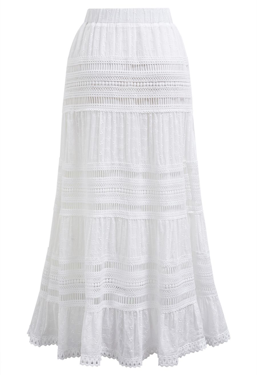 Eyelet Embroidery Cutwork Trim Maxi Skirt