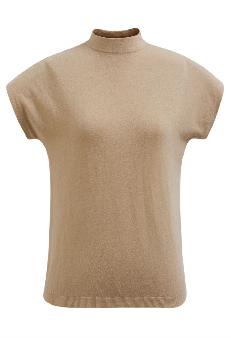 Solid Color Cap Sleeves Knit Top in Tan
