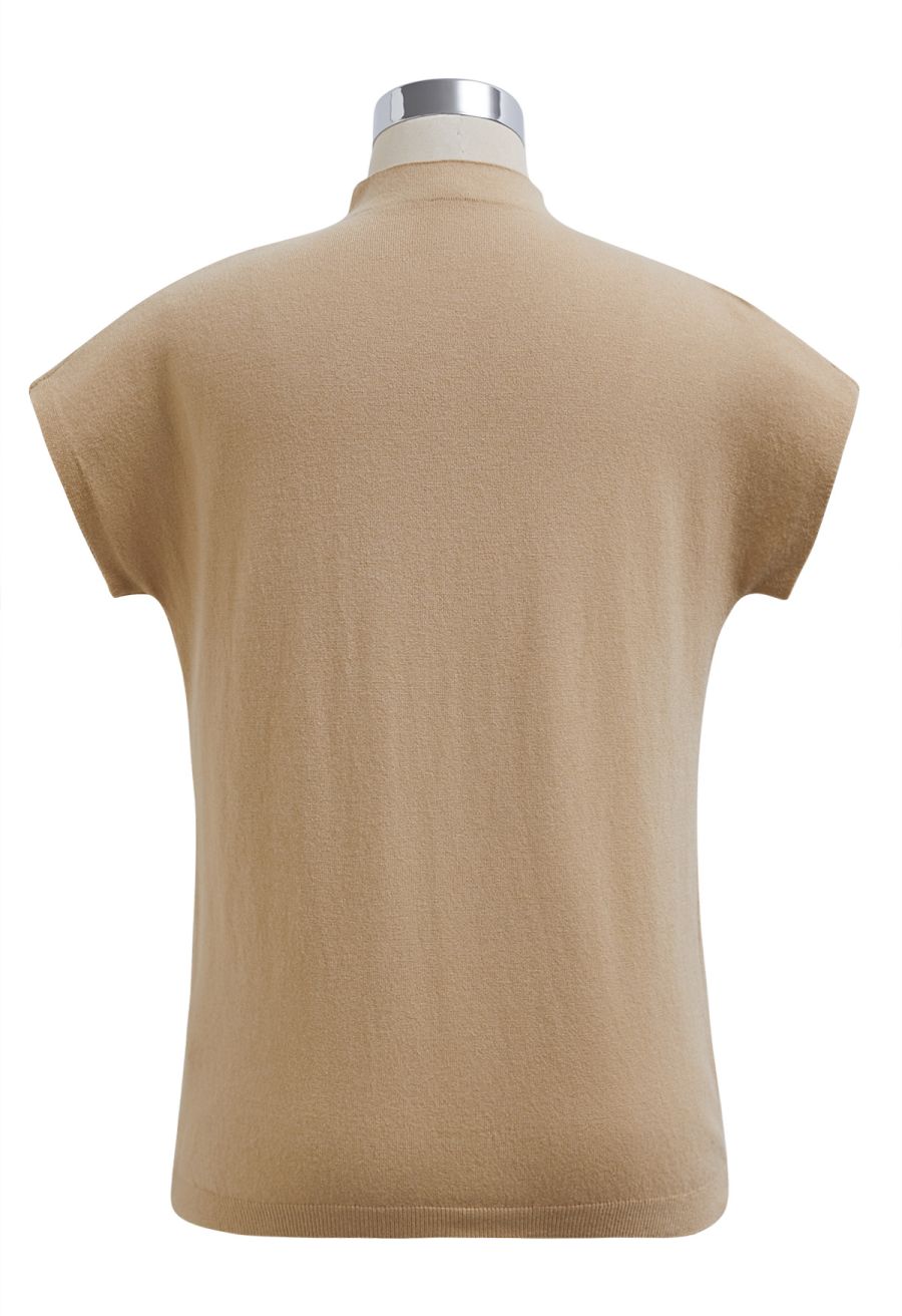 Solid Color Cap Sleeves Knit Top in Tan