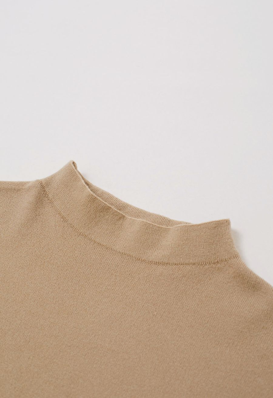 Solid Color Cap Sleeves Knit Top in Tan