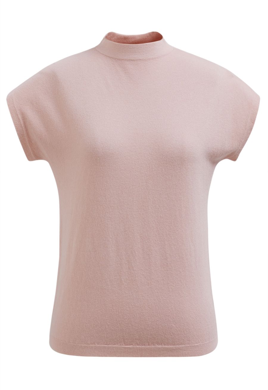 Solid Color Cap Sleeves Knit Top in Pink