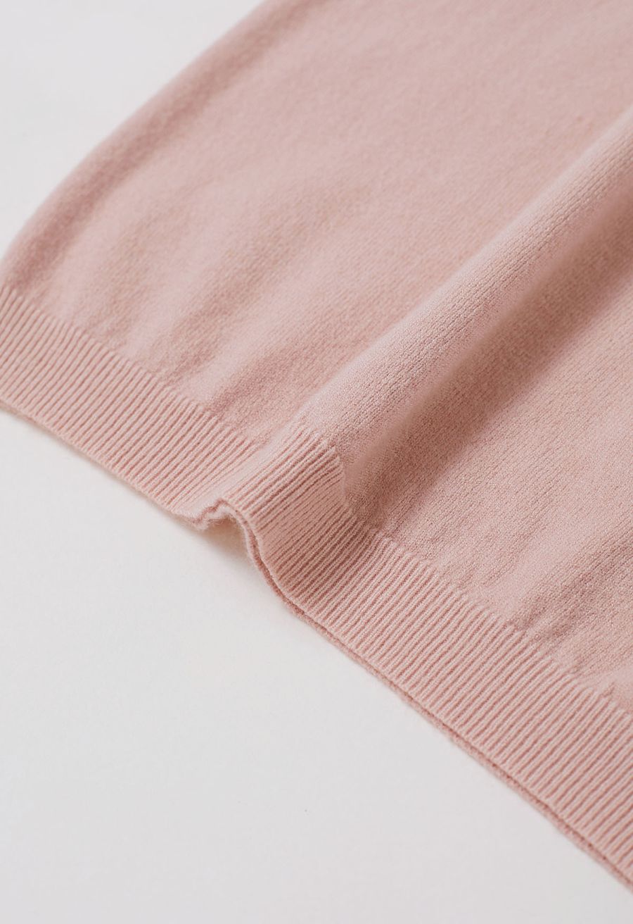 Solid Color Cap Sleeves Knit Top in Pink