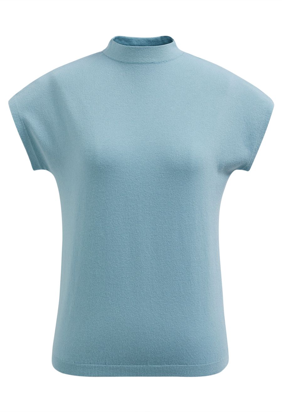 Solid Color Cap Sleeves Knit Top in Blue