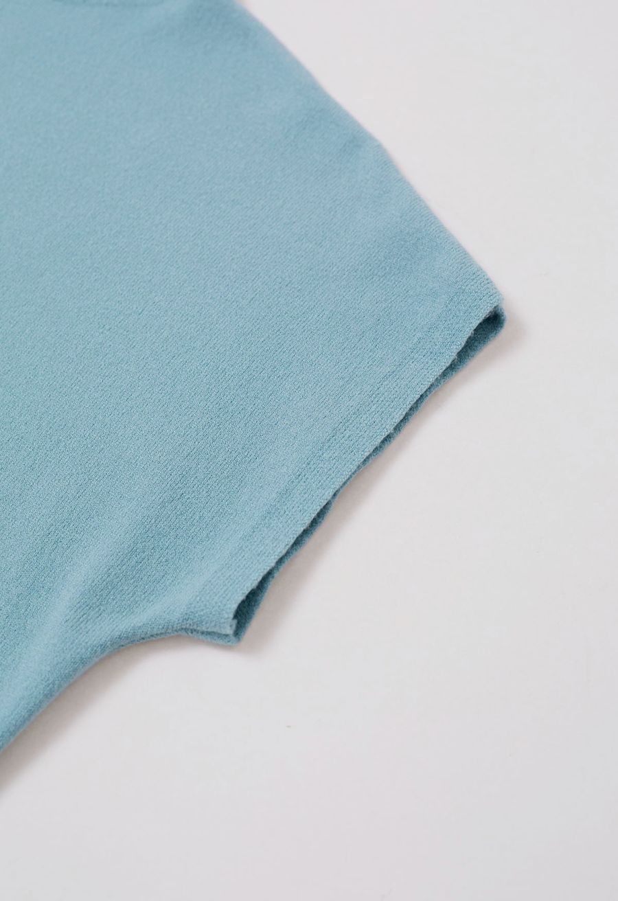 Solid Color Cap Sleeves Knit Top in Blue
